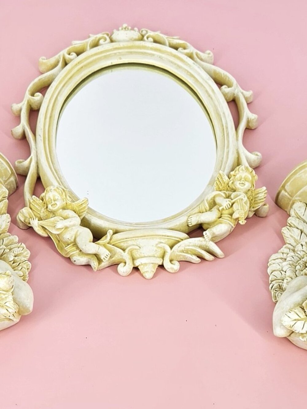 Set 3 Cherub Baroque Wall Shelves Oval Angelic Mirror Romantic Shabby VTG White
